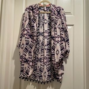 Tie-Dye Pattern Kimono with Pom Pom border